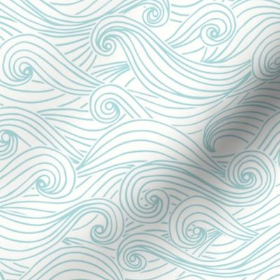 Woodcut waves wallpaper XL scale in calming blue by Pippa Shaw