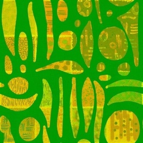 Art mark shapes batik effect on Kelly green linen effect background