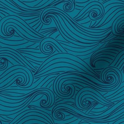 Woodcut waves wallpaper XL scale in midnight teal by Pippa Shaw