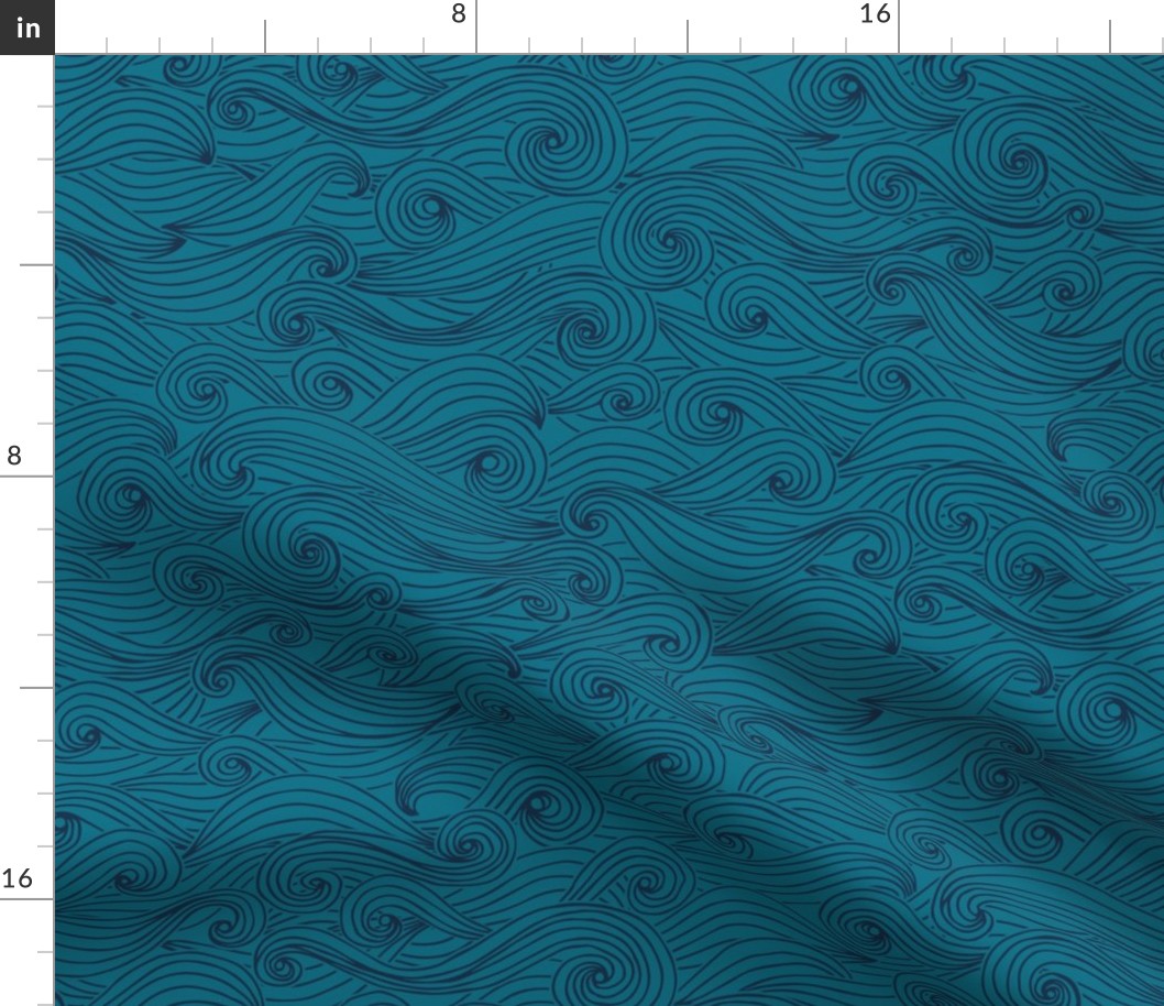 Woodcut waves wallpaper XL scale in midnight teal by Pippa Shaw