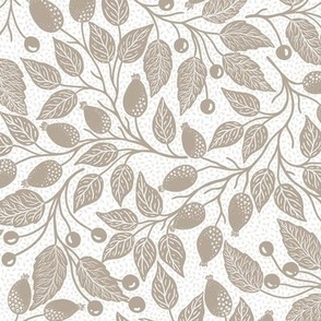  Tan and cream rose hip and leaves - textured neutral background M scale