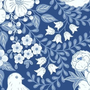 Cute blue birds on branches - dark blue background L scale 