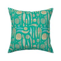 Spring summer batiks effect shapes on linen overlay nondirectional in verdigris turquoise small