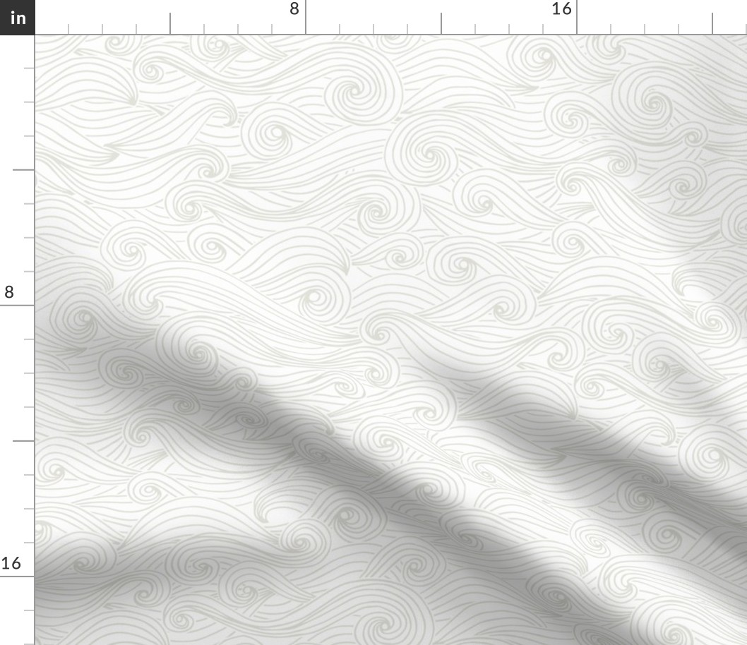 Woodcut waves wallpaper XL scale in sea mist gray by Pippa Shaw
