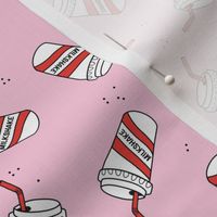 Summer milkshake cups to go - food and drinks snack time design for kids retro style freehand illustration nineties lilac pink