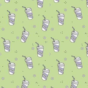 Summer daisies and milkshake cups to go - food and drinks snack time design for kids retro style freehand illustration nineties green matcha lilac