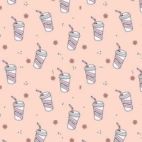 Summer daisies and milkshake cups to go - food and drinks snack time design for kids retro style freehand illustration nineties blush pink 