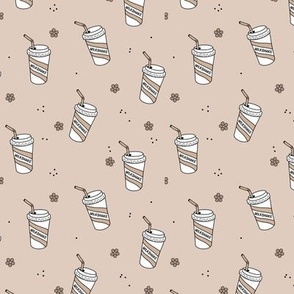 Summer daisies and milkshake cups to go - food and drinks snack time design for kids retro style freehand illustration seventies neutral tan palette 