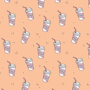 Summer strawberry milkshake cups to go - food and drinks snack time design for kids retro style freehand illustration blush orange peach pink girls 