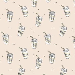 Summer vanilla milkshake cups to go - food and drinks snack time design for kids retro style freehand illustration vanilla yellow on sand 