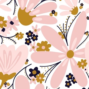 Pink floral with blue and gold accents large scale