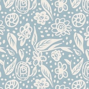 Simple hand-drawn leaves on flowers with linen effect pale blue grey with white flowers