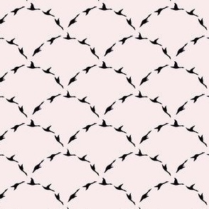 Trellis of silhoutte swans flying on pale pink