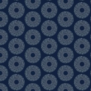 dashed circles in light blue on navy