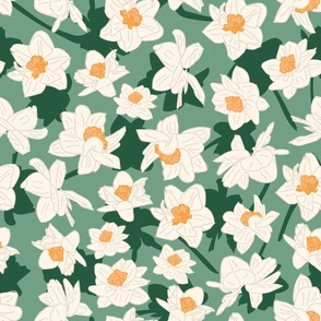 24" Repeat Daffodil Blooms Pattern Extra Large Scale | Emerald Green MK003