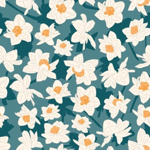 24" Repeat Daffodil Blooms Pattern Extra Large Scale | Teal Blue MK003