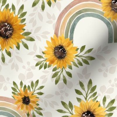 Sunflowers & Rainbows - Medium Scale - Boho Muted Rainbow 