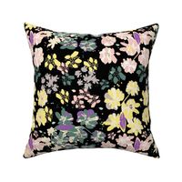 Vintage Garden - Ditsy - Pink, Yellow And Green On Black.