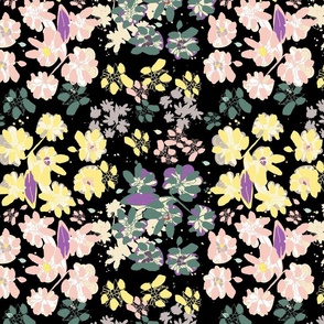 Vintage Garden - Ditsy - Pink, Yellow And Green On Black.