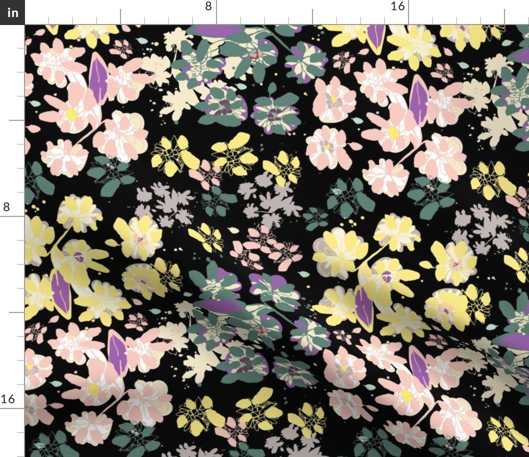 Vintage Garden - Ditsy - Pink, Yellow And Green On Black.