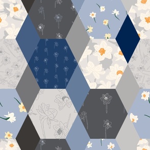 24" Repeat Daffodil Cheater Quilt Pattern Large Scale | Blue and Gray MK003