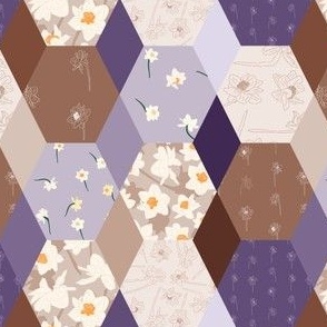 24" Repeat Daffodil Cheater Quilt Pattern Large Scale | Brown and Purple MK003