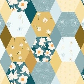 24" Repeat Daffodil Cheater Quilt Pattern Large Scale | Teal and Yellow MK003