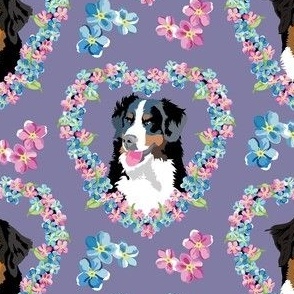 small print // Bernese Mountain Dogs pink and blue flowers heart wreath on  purple background