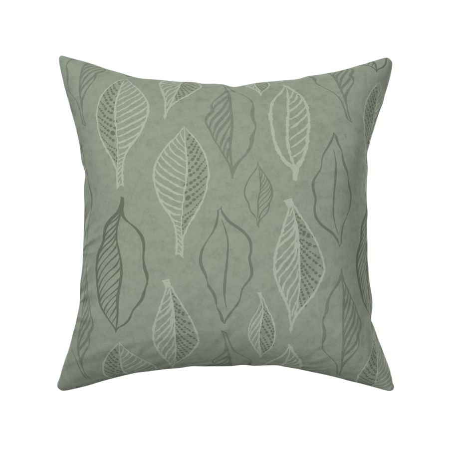 Hand-drawn Leaves on Artichoke Green Watercolor Background