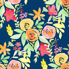 Bright watercolor Floral on navy 