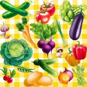 Vegetables on a yellow checked background 12 inch repeat