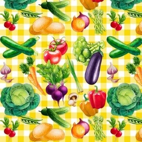 Vegetables on yellow check background  6 inch repeat
