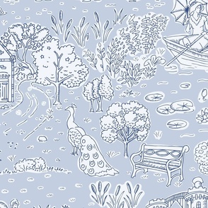 picnic on peacock island toile de jouy | chinoiserie blue | large