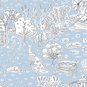 picnic on peacock island toile de jouy | fog blue | large