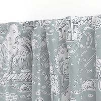 picnic on peacock island toile de jouy | silver gray | large