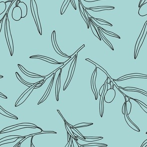 Black outline olive branches seamless pattern on eggshell blue background