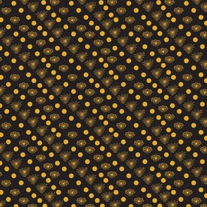 Flowers and dots in diagonal pattern of yellow on black