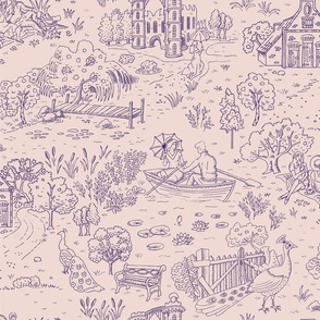 peacock island toile de jouy | dark violet on pinkish gray | medium