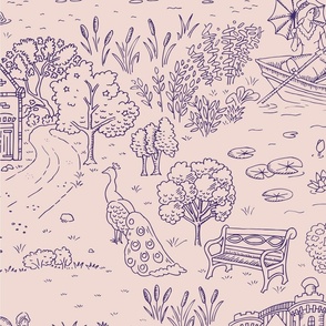 peacock island toile de jouy | dark violet on pinkish gray | large