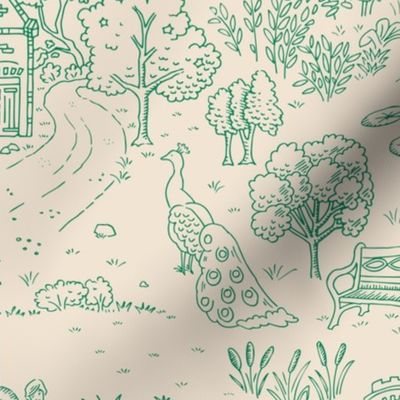 peacock island toile de jouy | green on almond | medium