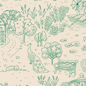 peacock island toile de jouy | green on almond | large