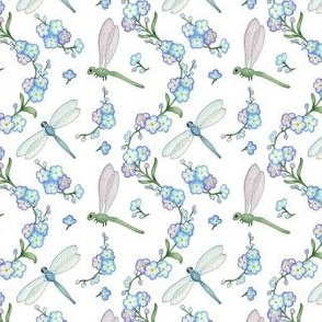 Watercolor hand painted forget me not and dragonflies seamless pattern on white background