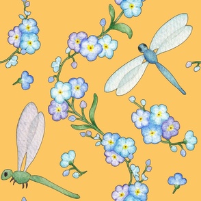 Watercolor hand painted forget me not and dragonflies seamless pattern on yellow background