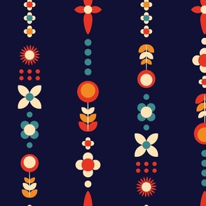 Geometric folk style flower stripes Orange Red on Navy