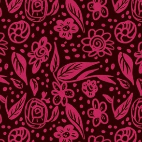 Raspberry pink flowers and leaves handdrawn and textured on rosewood linen background