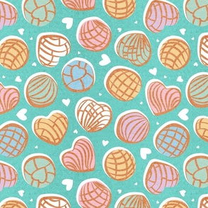 Normal scale // Mexican pan dulce // mint background multicolored conchas