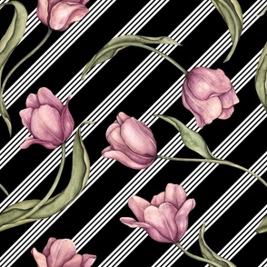Watercolor tulips on black  background with diagonal stripes