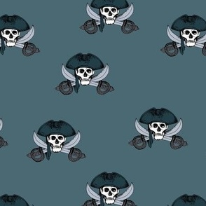 Spooky pirates skulls and swords wild adventures for kids on gray blue 