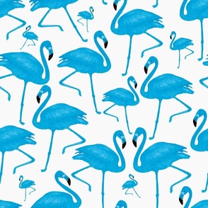 Neon Blue Flamingos White Background - Large Scale
