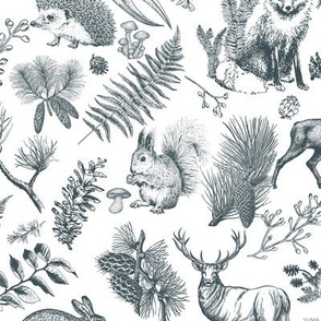 woodland toile animal in pines SW tarragon